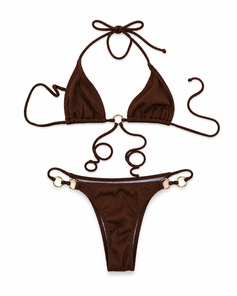 Brown Ribbed Bikini Set Womens M Triangle String O-Ring Cheeky Brazilian Swim
